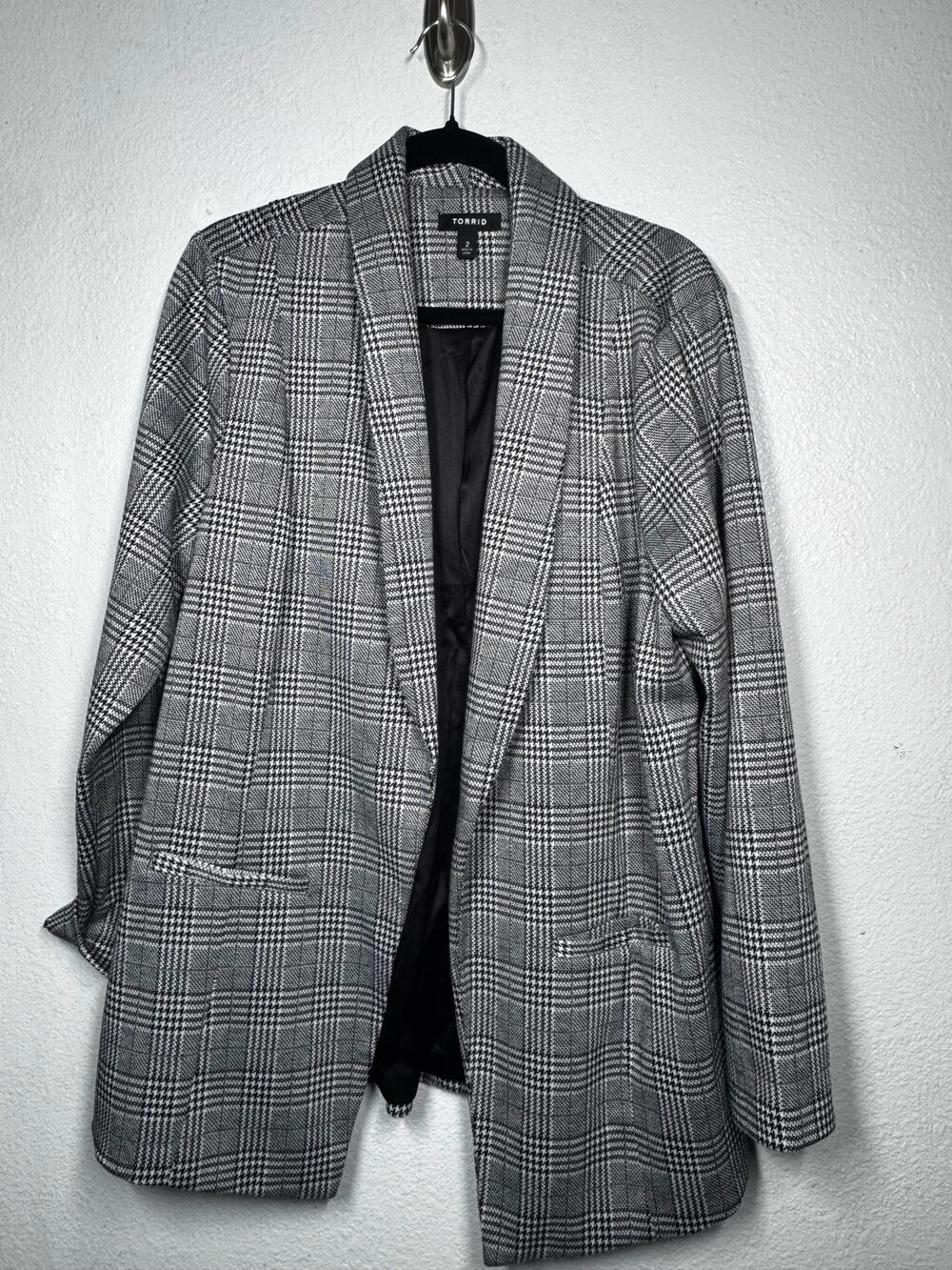Torrid Knit Houndstooth Blazer Black White Open Front Collared Long Sleeve Sz 2X